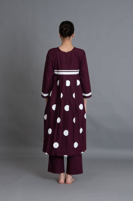 Maroon Polka Pleated Back Dress Co-ord