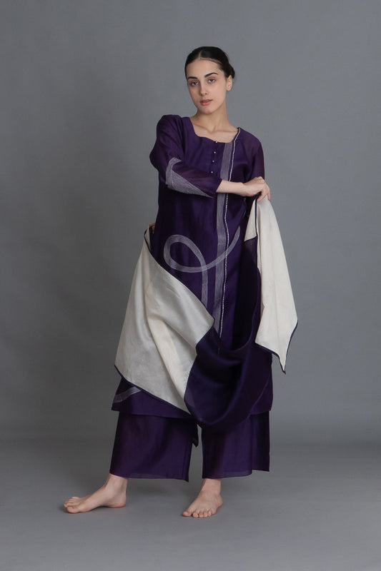 Purple Embroidered Dress Co-ord with Scraff