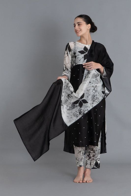 Black Printed Embroidered Dress Co-ord with Scraff