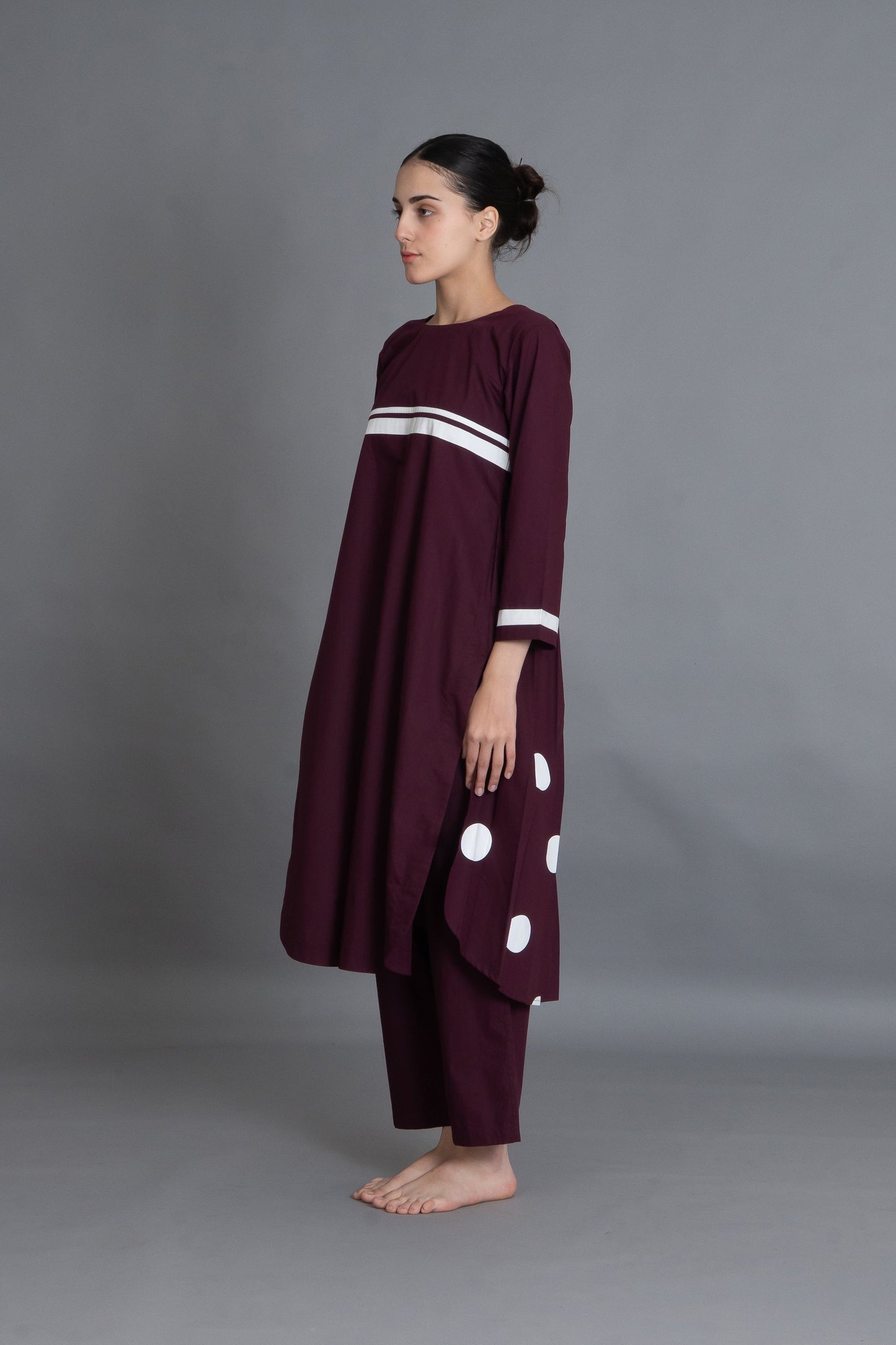 Maroon Polka Pleated Back Dress Co-ord