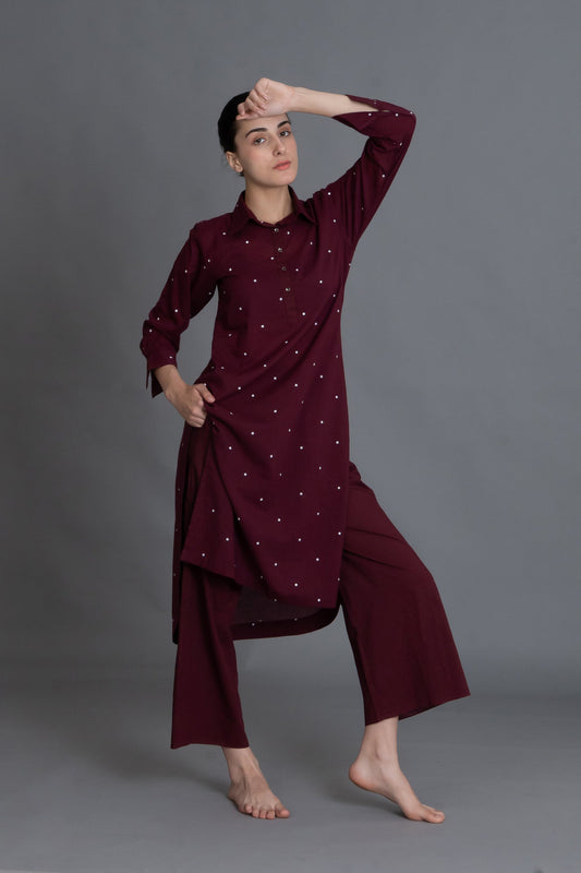 Burgundy Dot Front-Open Shirt Co-ord