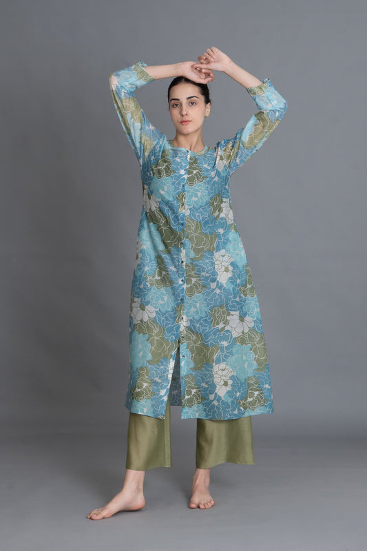 Ocean Blue Floral Print Kurta Co-ord