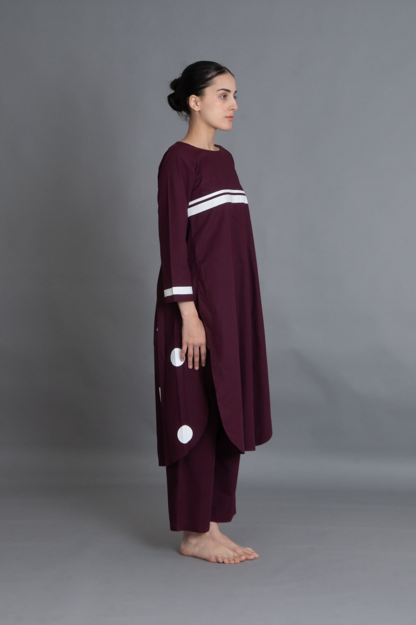 Maroon Polka Pleated Back Dress Co-ord