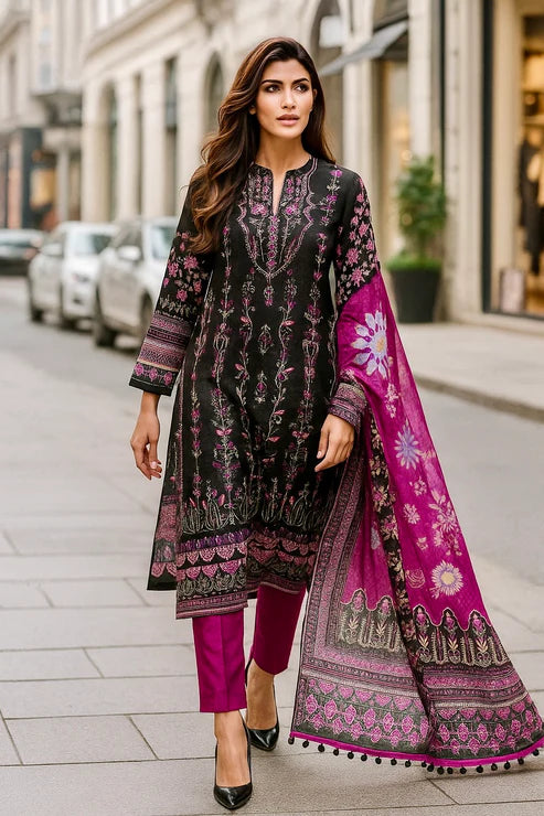 Sunehri Magenta Noir | Lawn Cotton Pakistani Suit Set